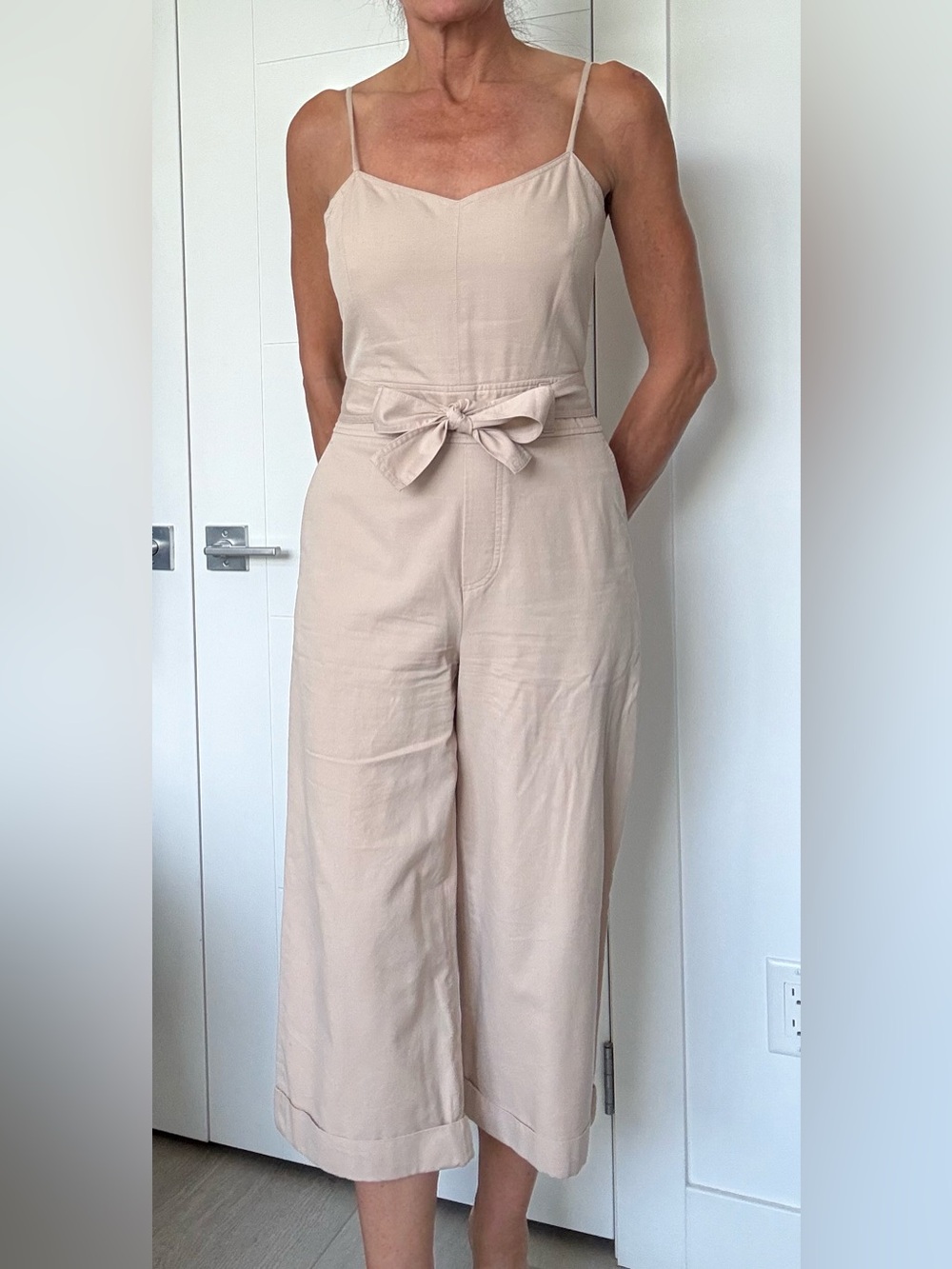 Club Monaco Tan Sleeveless Midi Jumpsuit with Self-Tie Belt